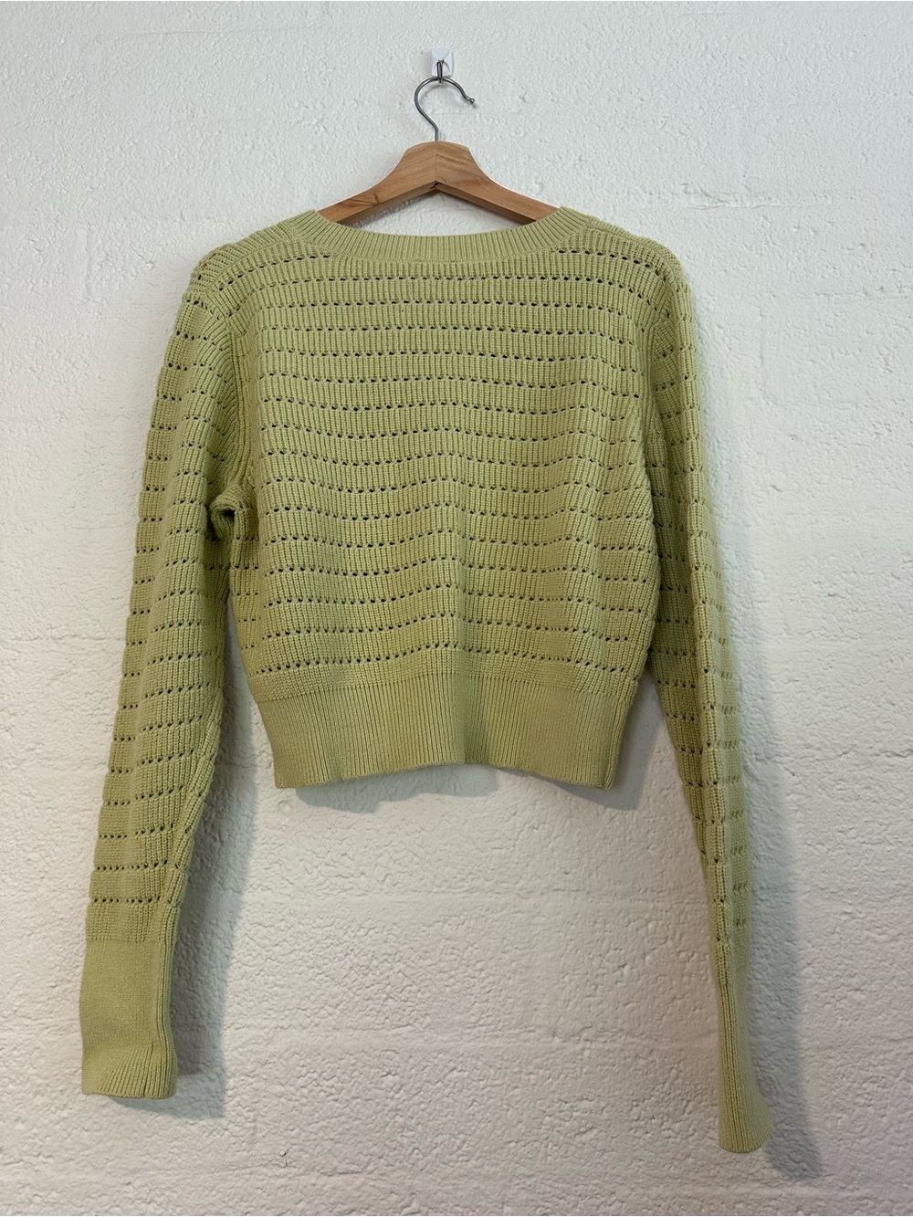 Express Light Green Open-Knit Crewneck Sweater
